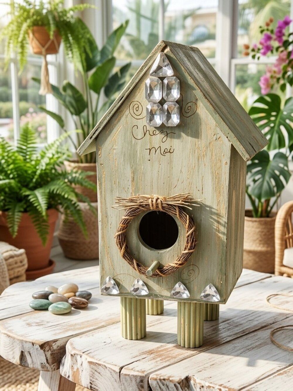 Whimsical Rustic Green Birdhouse with Crystal Accents